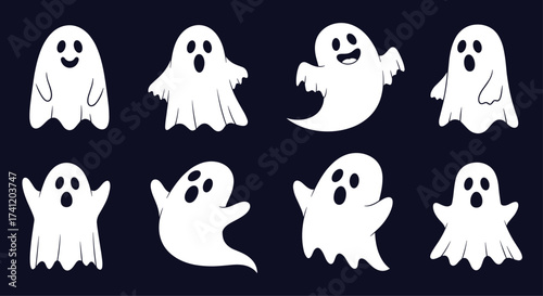 A collection of eight friendly white ghosts against a dark background.