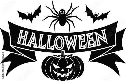 Halloween vector art of halloween themed illustration showcasing a grinning pumpkin, a spider, and a larger spider, all above a banner with the word halloween in a dripping font	
