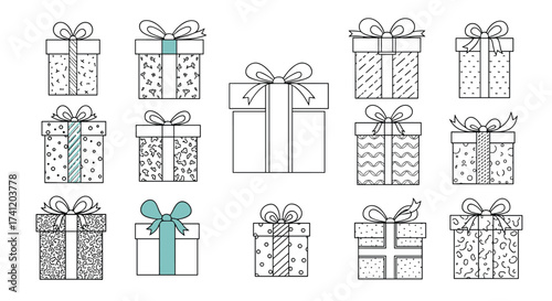 A collection of hand drawn gift boxes with bows.