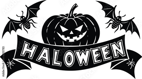 Halloween vector art of halloween themed illustration showcasing a grinning pumpkin, a spider, and a larger spider, all above a banner with the word halloween in a dripping font	
