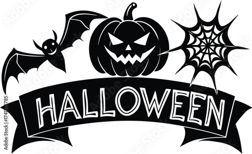 Halloween vector art of halloween themed illustration showcasing a grinning pumpkin, a spider, and a larger spider, all above a banner with the word halloween in a dripping font	
