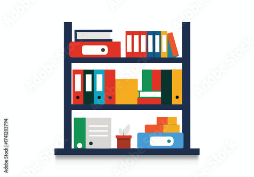 Flat design illustration of a bookcase filled with folders binders and books on white background
