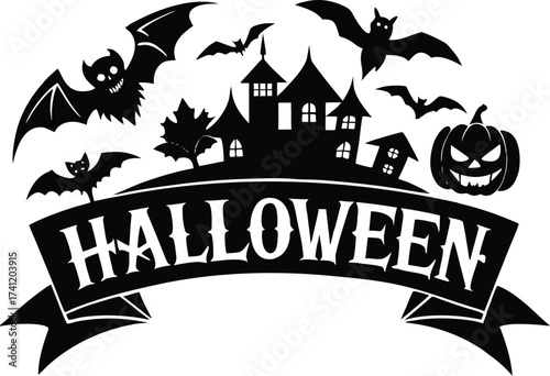 Halloween vector art of halloween themed illustration showcasing a grinning pumpkin, a spider, and a larger spider, all above a banner with the word halloween in a dripping font	
