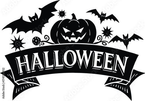 Halloween vector art of halloween themed illustration showcasing a grinning pumpkin, a spider, and a larger spider, all above a banner with the word halloween in a dripping font	

