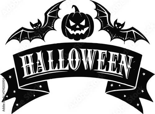 Halloween vector art of halloween themed illustration showcasing a grinning pumpkin, a spider, and a larger spider, all above a banner with the word halloween in a dripping font	
