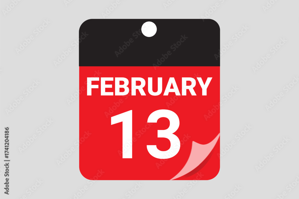 Fototapeta premium February 13 calendar date vector Icon in Red Flat Design Style