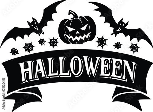 Halloween vector art of halloween themed illustration showcasing a grinning pumpkin, a spider, and a larger spider, all above a banner with the word halloween in a dripping font	
