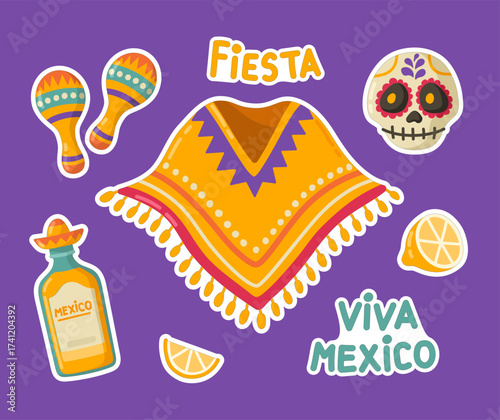 Mexican fiesta sticker set with poncho, sugar skull, tequila, maracas, lemon and festive lettering on purple background. Vector design for decor.