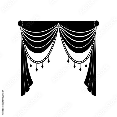Elegant black and white curtain design art on transparent background
