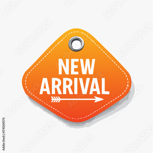 New arrival label, badge or banner design element template. Clothes tag layout with message pointing on new item from renewed collection.