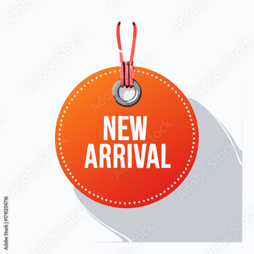 New arrival label, badge or banner design element template. Clothes tag layout with message pointing on new item from renewed collection.