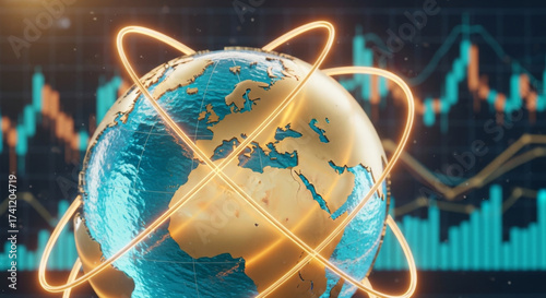 Glowing globe digital chart data visualization global finance economic growth futuristic technology world map analytics innovation progress and optimism