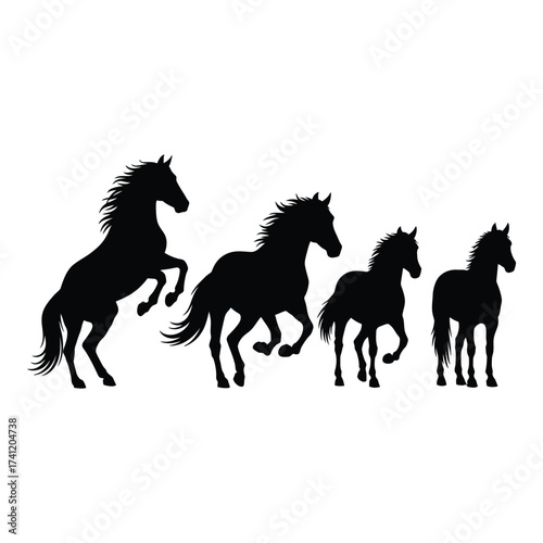 Majestic silhouette horses galloping freely across a vast open plain in dynamic motion silhouette