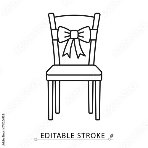 A decorated chair icon in a minimalist line style with editable stroke. Wedding furniture, celebration seat, banquet interior decor, party ceremony element, festive event decoration.