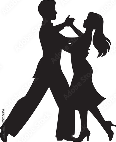 Elegant couple dancing ballroom, romantic silhouette
