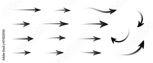 Black airflow icons set. Arrows for motion and direction, gradient pointers in circular, straight, and curved patterns, dynamic trails, movement symbols for interface and navigation design.