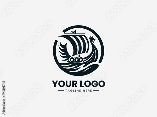 Viking Sailboat Vector Logo Illustration Nordic Longship Design, Nautical Vintage Symbol