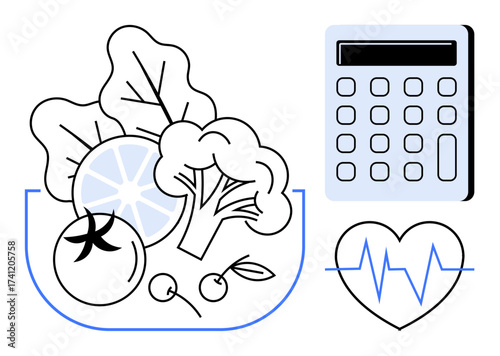Vegetables in a bowl with tomato, broccoli, leafy greens, and citrus fruit beside a calculator and heartbeat line. Ideal for nutrition, health tracking, fitness, calorie counting, diet planning