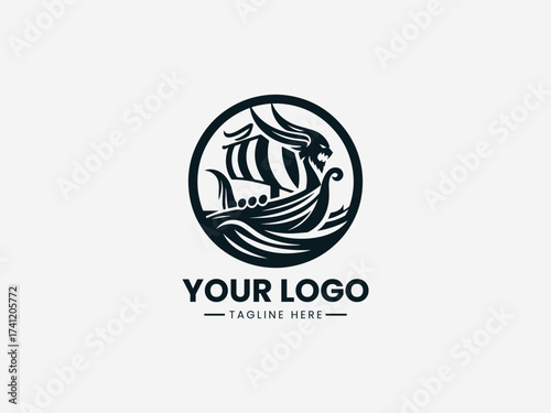 Viking Sailboat Vector Logo Illustration Nordic Longship Design, Nautical Vintage Symbol