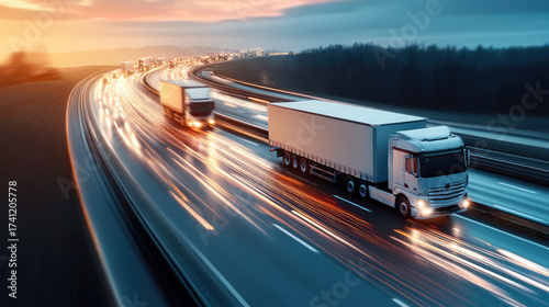 Highway scene with trucks in motion during sunset, light trails and busy traffic. vibrant colors of sky create dynamic