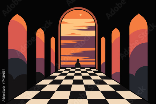 Hallway with checkerboard floor and sunset view point