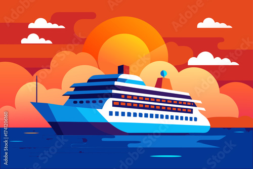 Illustration of a cruise ship sailing at sunset time