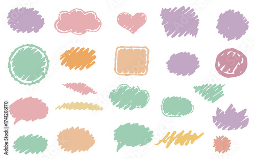 Hand Drawn Doodle Pastel Shape Set. Cute Vector Collection of Scribble Text Boxes, Hearts, and Abstract Frames. Soft Sketch Elements for Annotation, Social Media, Kids' Design, and Scrapbooking.
