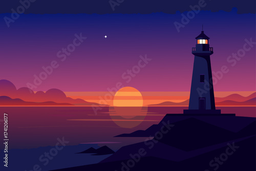 Lighthouse scene with sunset and ocean landscape view