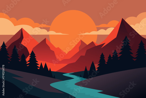 Scenic landscape with mountains river and sunset sky