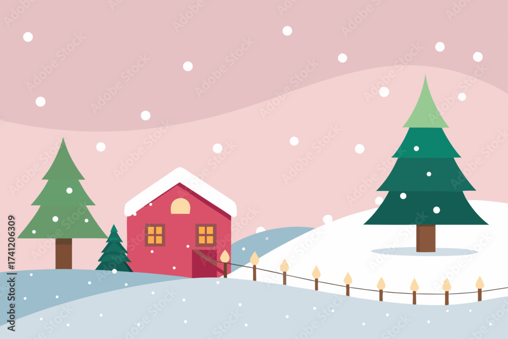 Naklejka premium Winter scene with house trees and falling snow art