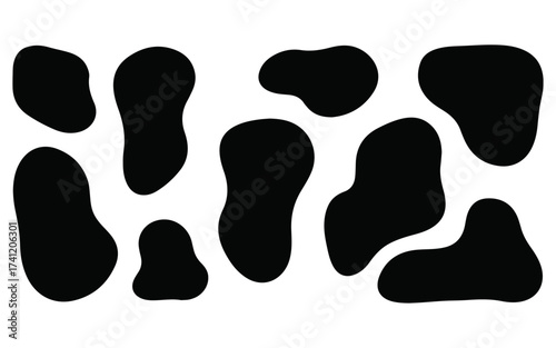 Abstract Irregular Organic Blob Shape Set. Black Fluid Stain Vector Collection. Modern Minimalist Graphic Elements for Background, Social Media, Branding, or Cow Print Pattern Design.
