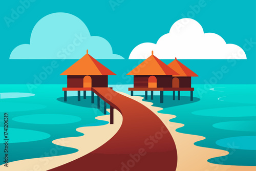 Illustration of bungalows over the water with clouds