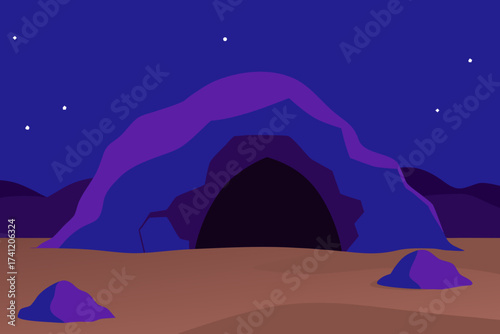 A cave entrance under a starry night sky scene