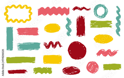 Hand Painted Colorful Brush Strokes Set. Vector Collection of Grunge Marker Shapes, Scribbles, and Wavy Lines. Abstract Artistic Elements for Text Highlight, Backdrop, and Creative Graphic Design.