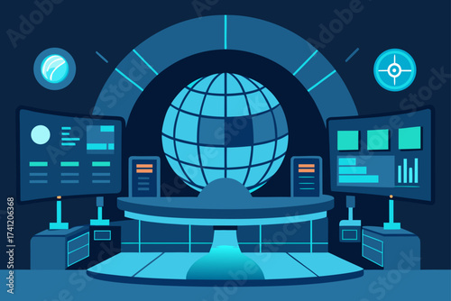 Control room with globe monitors and data displays