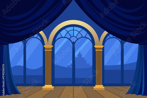Interior view of a grand hall with blue curtains