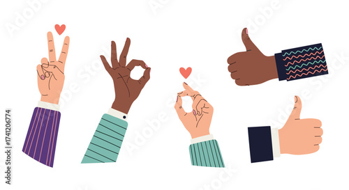 Diverse hands showing different gestures of approval and appreciation with tiny hearts floating around them.