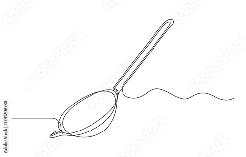 Continuous Line Drawing of a Kitchen Strainer, Continuous line art of a hand holding coffee cups and measuring spoons
