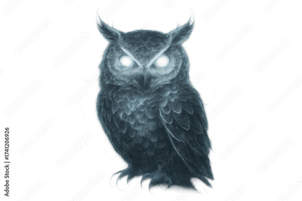 Obraz premium Mysterious owl with glowing eyes on transparent background