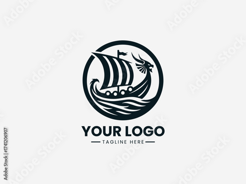 Viking Sailboat Vector Logo Illustration Nordic Longship Design, Nautical Vintage Symbol
