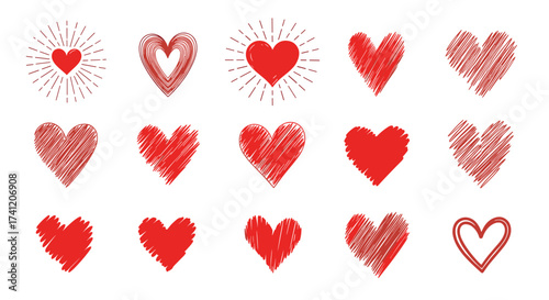 Collection of red hand-drawn hearts with different textures and styles. a diverse set of romantic symbols for celebrations and expressions of love.