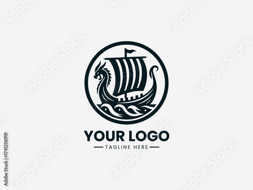 Viking Sailboat Vector Logo Illustration Nordic Longship Design, Nautical Vintage Symbol
