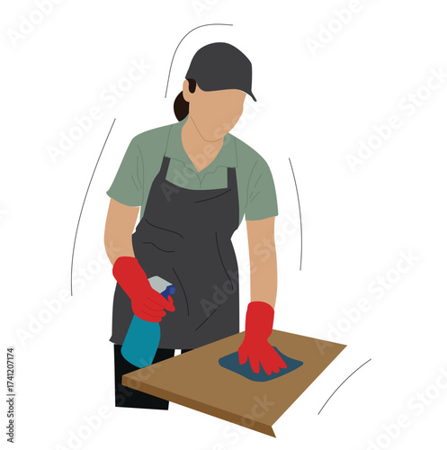 woman wiping the table.  Female janitor in apron and gloves 