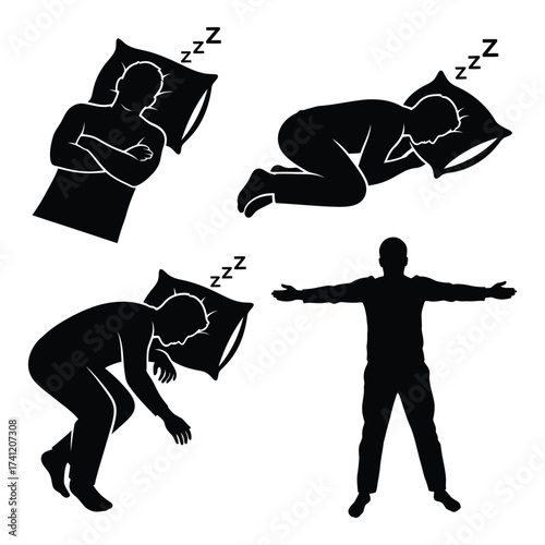 Diverse sleeping positions and awakening human figure silhouettes set for health and wellness graphics silhouette