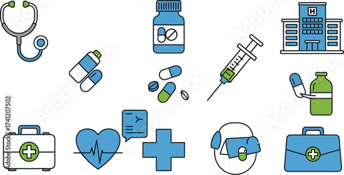 Essential medical supplies and healthcare icons for modern design