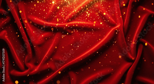 Festive Red Velvet Drape with Golden Glitter and Sparkle Overlay. Elegant Cloth Texture Background for Celebrations and Luxury Design.