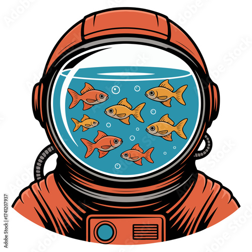 Astronaut helmet with a fishbowl and goldfish inside 