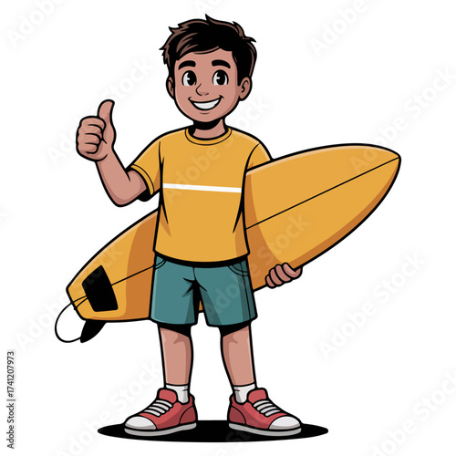 A cartoon of a young boy holding a surfboard and giving a thumbs-up. 