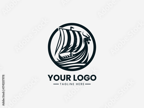 Viking Sailboat Vector Logo Illustration Nordic Longship Design, Nautical Vintage Symbol