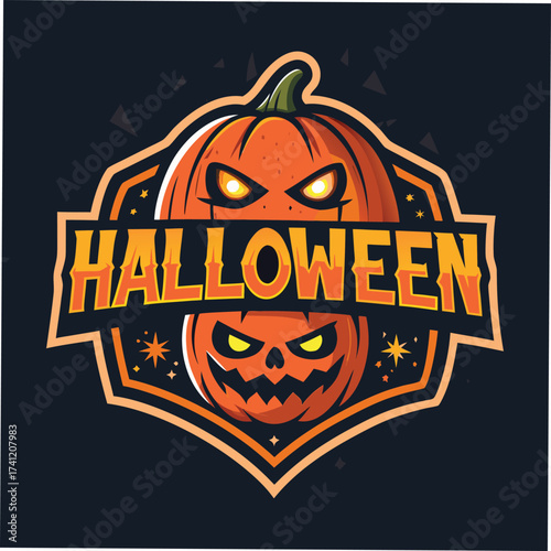 Halloween vector art of an eerie halloween scene with a large, menacing pumpkin in the foreground, surrounded by bats flying against a full moon, creating a spooky and festive atmosphere	
